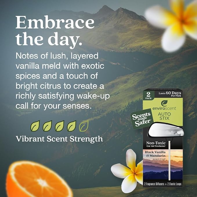 Enviroscent Non-Toxic* Car Air Freshener Auto Stix® - Scents Made Safer - Enjoy Fragrance Lasts Up to 480 Days - Includes Auto Stix® Diffusers & Elastic Loops - Black Vanilla & Mandarin (Pack of 8)