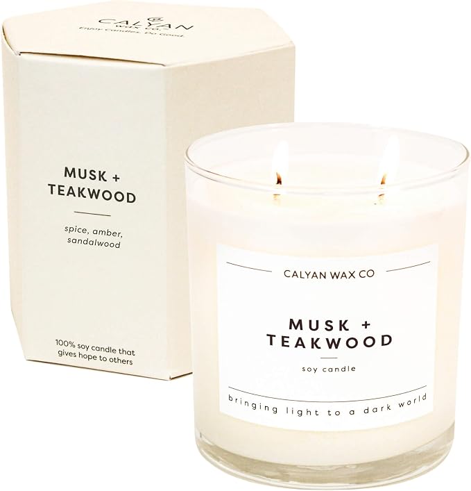 Calyan Wax Co. Musk & Teakwood 2 Wick Scented Candle - 37 Hour Burn - Luxury Clean Soy Wax Candles - Long Lasting Large Glass Jar Candle for Home - 8.8oz