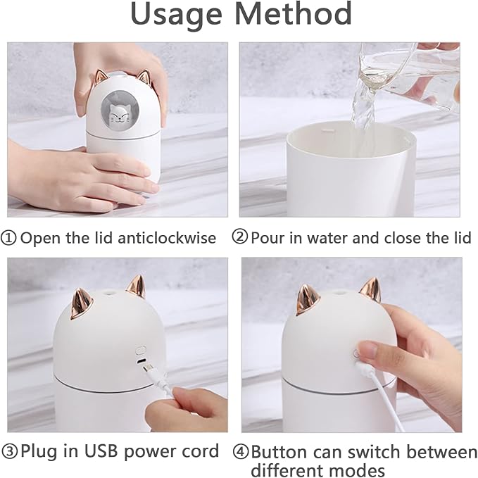 Cute Portable Cool Mist Humidifier with 7 Color Night Light and 6 Filter Cotton Sticks for Bedroom, Office, Desk, Car or Travel (White)