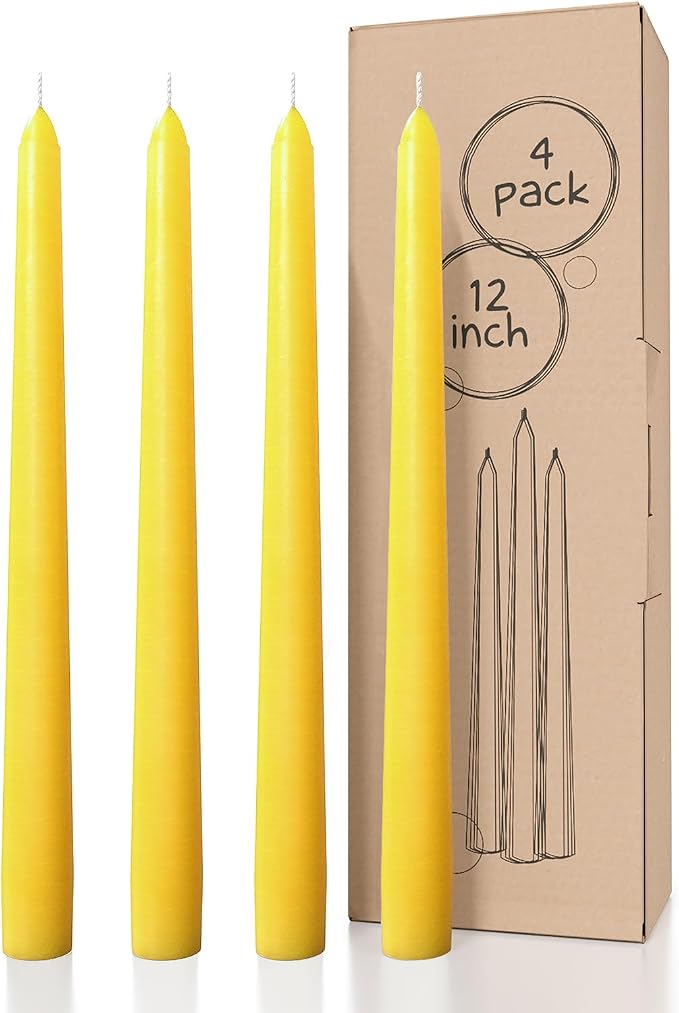 CANDWAX 12 inch Yellow Taper Candles Pack of 4 - Unscented Smokeless Dripless Yellow Candles - Perfect for Home Décor, Special Occasions and Ordinary Dinners - Easter Candlesticks