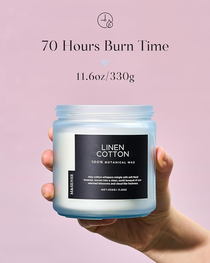 M&SENSE Fresh & Linen Cotton Scented Candles, 11.6oz Natural Soy Wax, 70-Hour Slow Burning, Clean Non Toxic Candle for Laundry, Aromatherapy Home Fragrance Gifts for Relxation Strees Relief