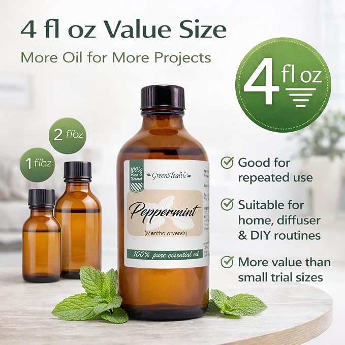 GreenHealth Peppermint Essential Oil 4 fl oz - 100% Pure Essential Oil - Amber Glass Bottle w/Glass Dropper - Fresh Mint Aroma for Diffusers, Candles, Soap Making, DIY Use