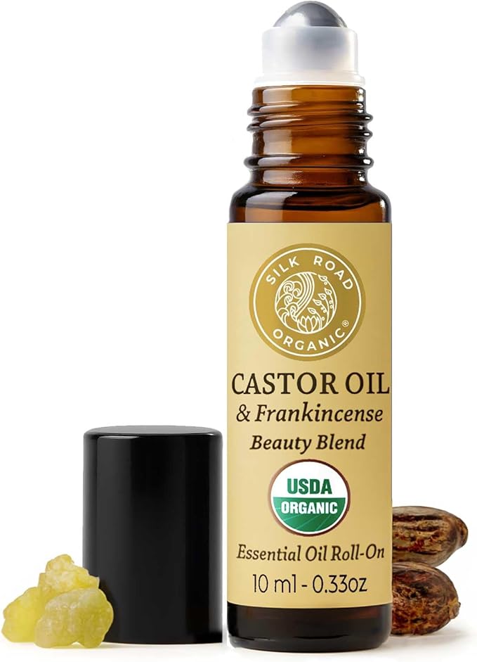 Silk Road Organic Castor Oil & Frankincense Essential Oil Under Eye Roll On for Bags, Dark Circles, Crows Feet, Fine Lines & Wrinkles | USDA Certified Aromatherapy for Delicate Eye Skin, 10ml Roller