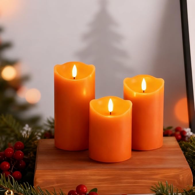 Burnt Orange Flameless Pillar Candles with Remote, LED Wax Candles Flickering Table Centerpiece Decor Set of 3