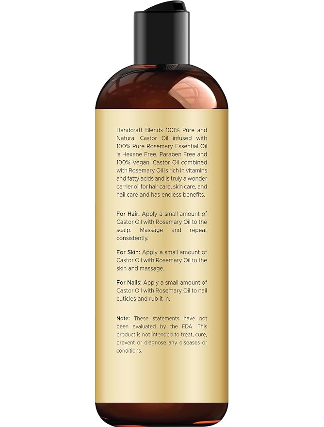 Handcraft Blends Castor Oil with Rosemary Oil 8 Fl Oz | 100% Pure and Natural | Premium Grade Carrier Oil | Hair, Eyelashes and Eyebrows | Hair and Body