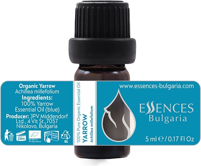 Essences Bulgaria Organic Yarrow Essential Oil 1/6 Fl Oz | 5ml | Achillea millefolium | 100% Pure and Natural | Undiluted | Therapeutic Grade | Family Owned Farm | Steam-Distilled | Non-GMO | Vegan