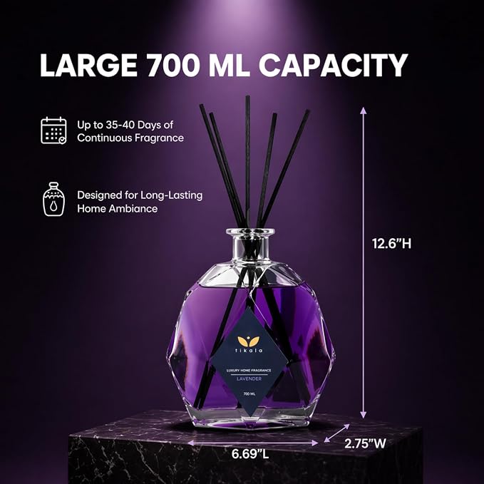 Luxury Reed Diffuser with Lavender Scent – Crystal Glass Bottle – Home Fragrance for Living Room Bathroom & Office – 23.67 fl oz 700 ml