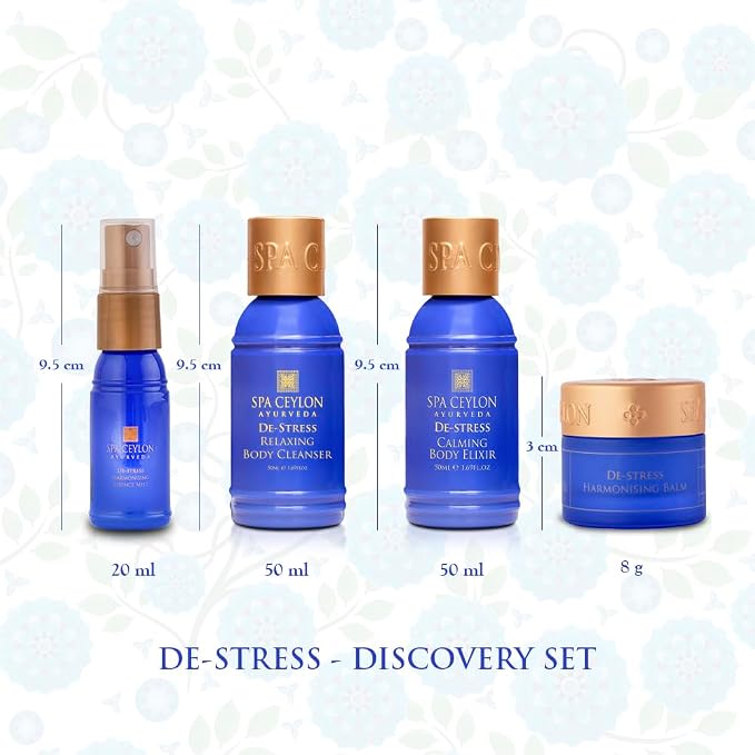 Spa Ceylon Ayurveda De-Stress Discovery Set - 4-Piece Natural Calming Gift Set with Frankincense, Sandalwood & Tangerine - Body Cleanser, Body Elixir, Essence Mist & Balm