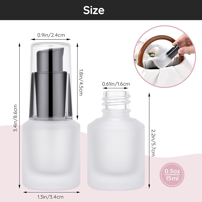 Segbeauty 0.5oz Empty Frosted Glass Travel Size Pump Bottle, 3pcs Matte Translucent Lotion Bottle Refillable, 15ml Travel Toiletry Bottles for Creams Liquids, Empty Cosmetic Skincare Container