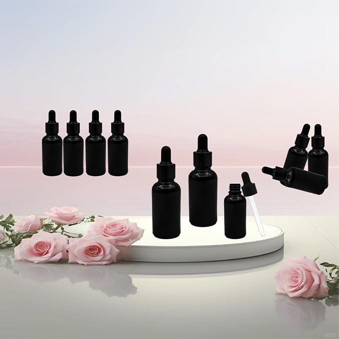 12 Pcs1 oz Black Glass Dropper Bottle 30 ml Tincture Bottles with Dropper Lab Dropping with Eye Droppers, Funnels, Label Stickers for Essential Oil Perfumes (Black, UV Safe Bottles)