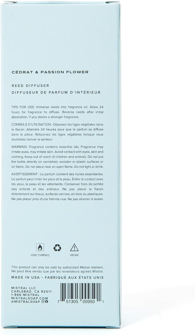 Mistral Cédrat & Passion Flower Reed Diffuser – Citrus & Passion Flower Scent Diffuser for Home, Office, Bathroom | 100% Oil-Based & Alcohol-Free, Long-Lasting, with Natural Reed Sticks (3.5 fl oz)