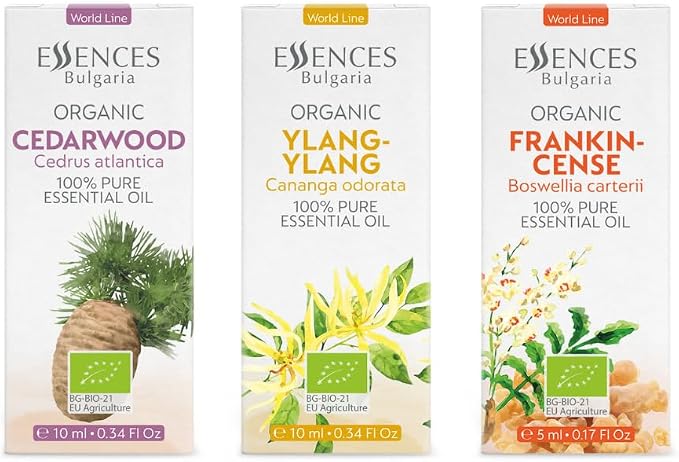 Set Evening Meditation Organic Essential Oils |0.84 Fl Oz | Frankincense (5ml) + Ylang Ylang (10ml) + Cedarwood (10ml) | 100% Pure and Natural | Undiluted | Therapeutic Grade | Non-GMO | 3 pcs
