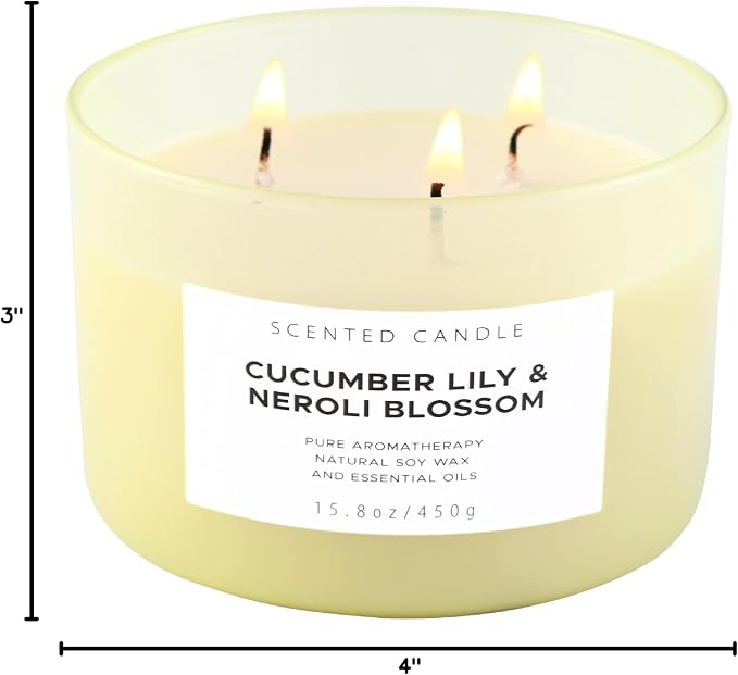 Cucumber Lily & Neroli 3-Wick Soy Floral Scented Candle for Women, 15.8oz | Orange Blossom & Citrus Notes, Aromatherapy, Large Jar, Clean Burn, Home, Bath & Bedroom, Gift for Her, Housewarming