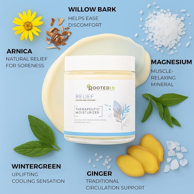 Rooted In Relief Magnesium Cream – 500mg Magnesium Chloride per Teaspoon – Enriched with Arnica, Comfrey & Botanical Blend – Targeted Muscle Support & Topical Relaxation – 4 oz Glass Jar