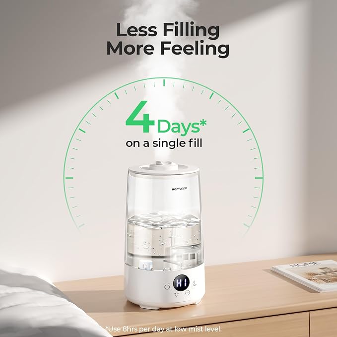 Homvana 3.6L Top-Fill Cool Mist Humidifier for Bedroom, Large Room & Plants, Easy-to-Clean 2-in-1 Baby Humidifier & Diffuser for Congestion Relief, 23dB Ultra-Quiet, Lasts Up to 4 Nights, Transparent