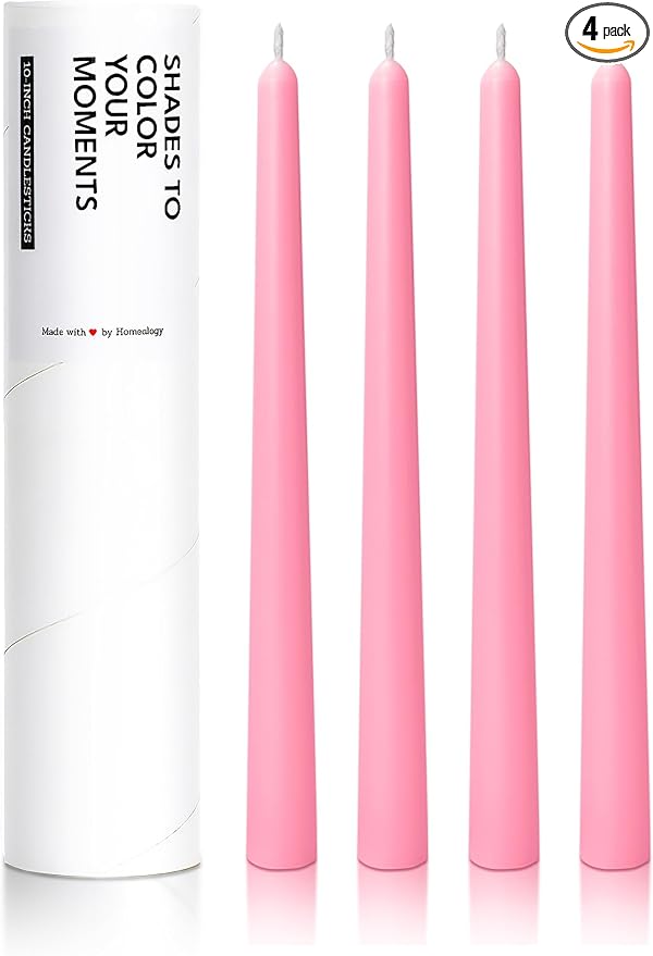 10" Classic Taper Candles, Pink, 4-Pack, 7-8 Hours Long Burning, Unscented Tall Candlesticks