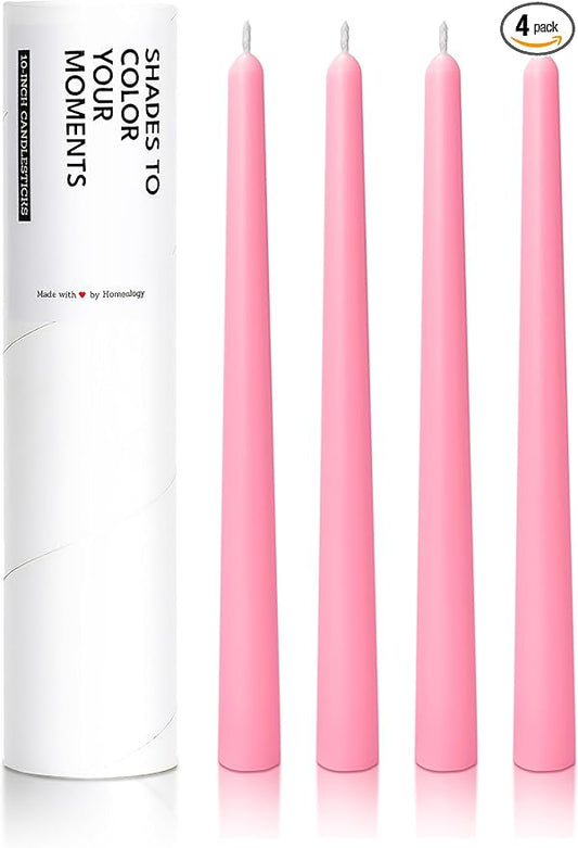 10" Classic Taper Candles, Pink, 4-Pack, 7-8 Hours Long Burning, Unscented Tall Candlesticks