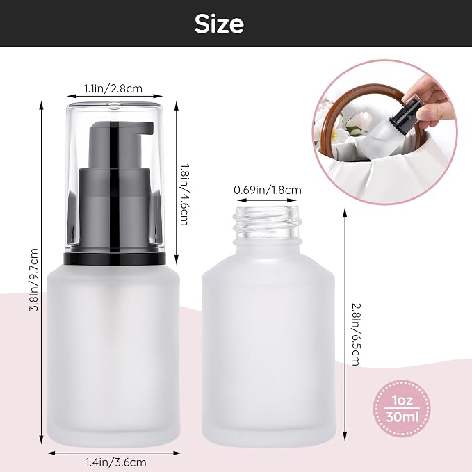 Segbeauty 1oz Frosted Glass Travel Bottles for Lotion, 3pcs Matte Translucent Empty Essential Oil Bottle, 30ml Travel Size Skincare Containers, Cream Pump Bottle, Toiletry Bottles for Liquids
