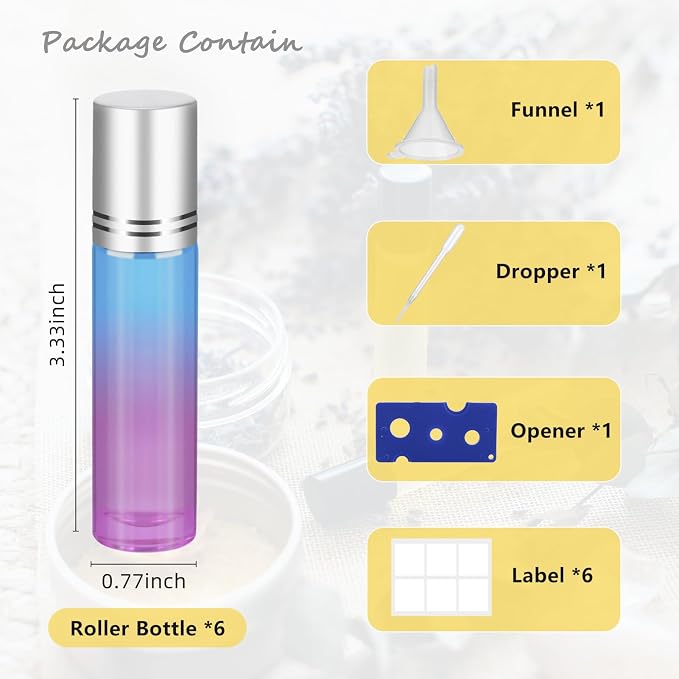 10ML Essential Oil Roller Bottles, 6 Pack Clear Oil Roller Bottles for Essential Oils, Roll on Bottle with Stainless Steel Balls(6 Labels, Opener, Funnel, Dropper Included)