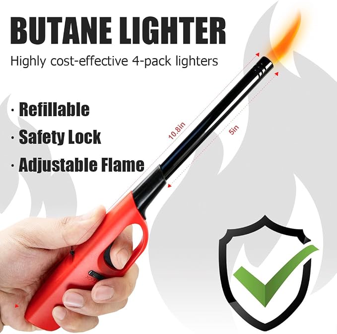 4 Pack Lighter Refillable Butane Lighters, Long Lighters for Candle Camping Fireplace Party BBQ Grill(Fuel Not Included)