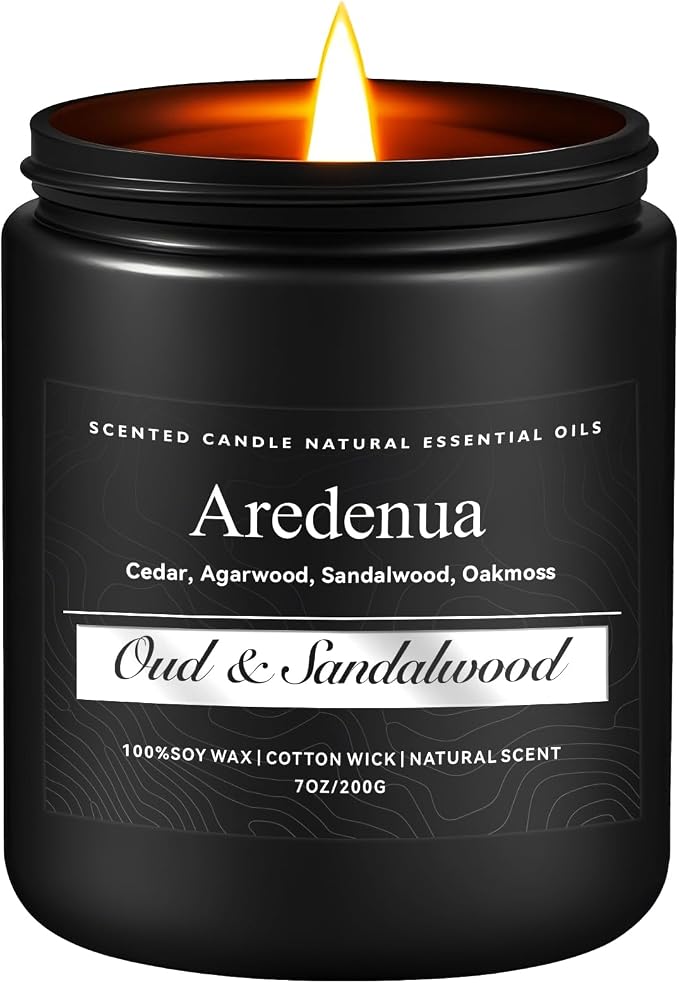 Oud & Sandalwood Candle for Meditation - Luxury Soy Candle for Home, Long Lasting Woody Aroma for Stress Relief & Calm, Hand Poured Scented Candle for Men & Women - Elegant Minimalist Home Decor