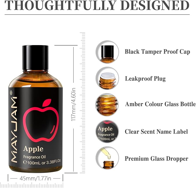 MAYJAM 100ML/3.38FL.OZ Apple Fragrance Oils with Glass Dropper, Essential Oils for Diffusers for Home, Long Lasting Scented Oils for Diffusers Soap Candle Making