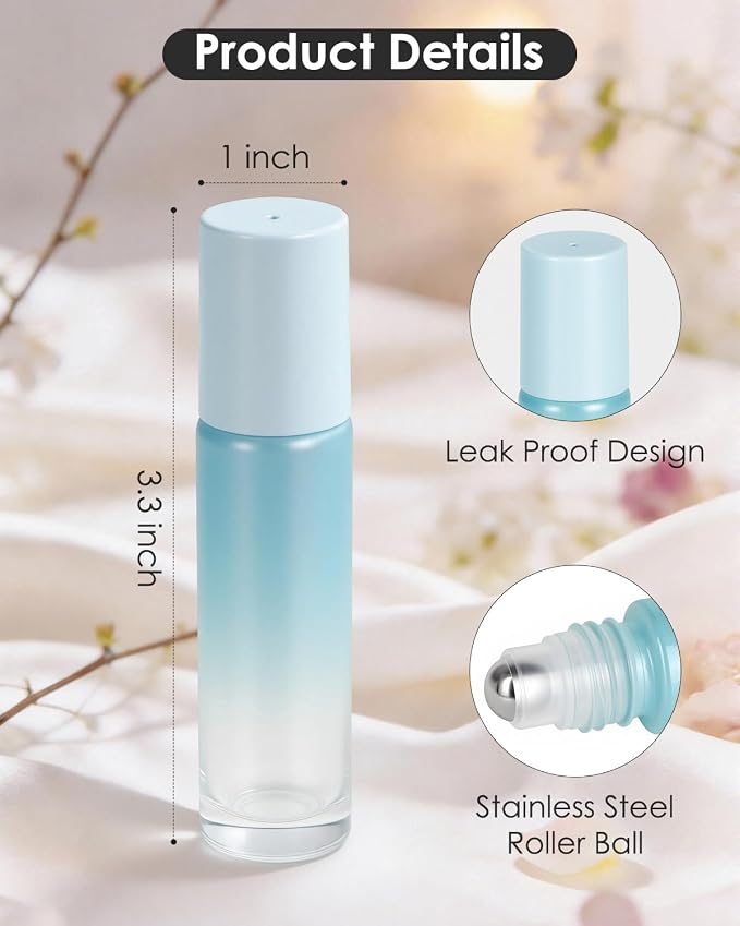 Worldgsb 12 Pack Essential Oil Roller Bottles, 10ml Refillable Glass Roller Bottles with Stainless Steel Roller Balls and Caps for Travel, Perfume and Lip Gloss Blue Gradient