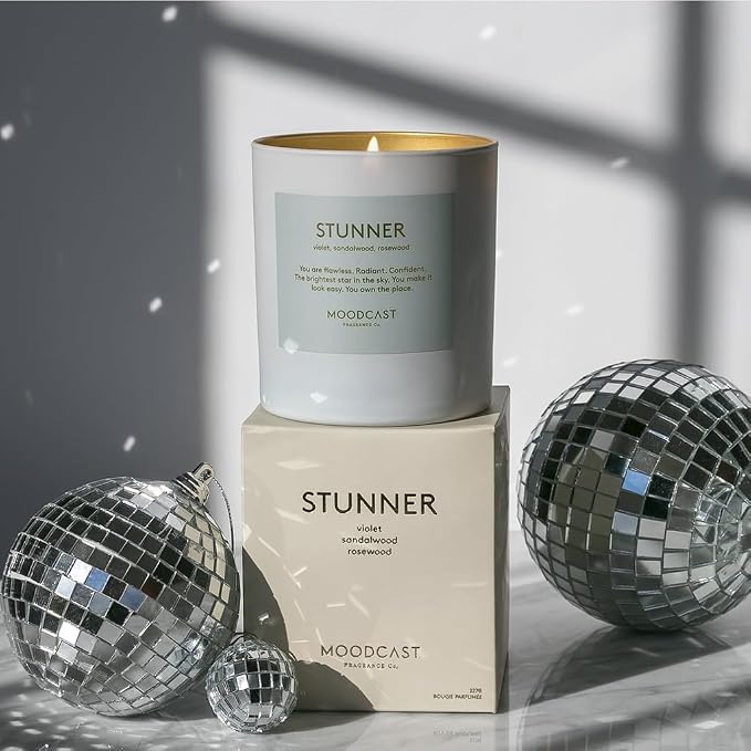 Moodcast Stunner Scented Candle - Aesthetic Candle for Home, Sandalwood, Violet & Rosewood, Clean Coco Wax Blend, Vegan, Paraben Free, 45-Hour Long Lasting Burn - 8oz