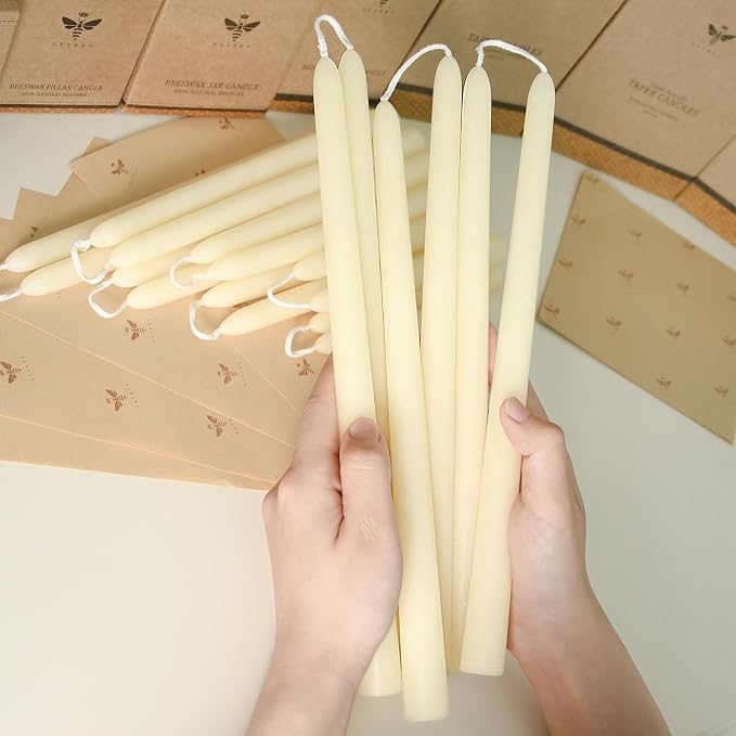 DEYBBY 12 inch Natural White Beeswax Taper Candles Set of 12, Smokeless and Dripless Pure Organic Beeswax Candles Bulk for Anniversary Wedding Dinner Decor Emergency Housewarming Gift, 9-10Hrs Burn