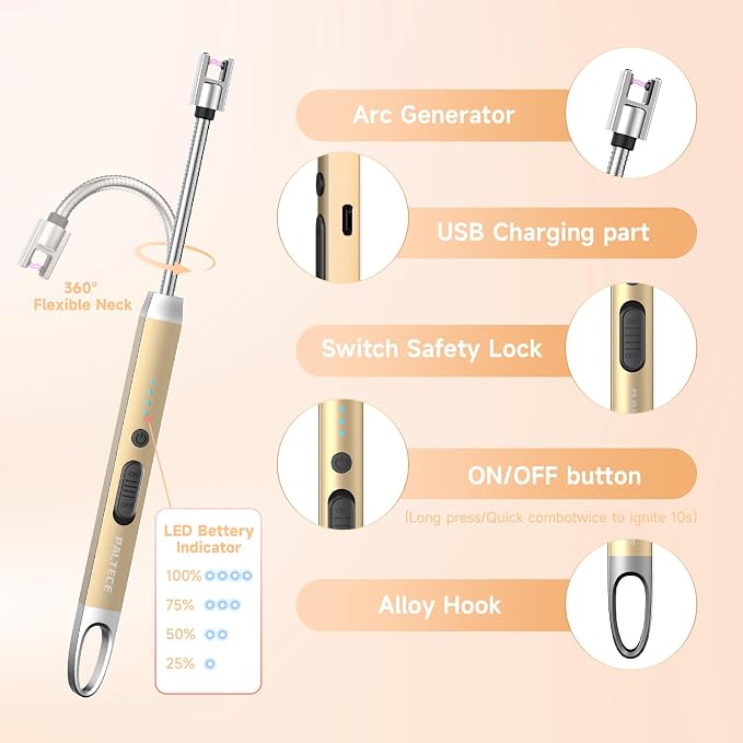 Electric Candle Lighter, USB-C Rechageable Arc Lighters for Camping, Long Lighter with 360° Flexible Neck & Safety Switch, Windproof lighters for BBQ, Gift for Mom, Wife (Champagne Gold)