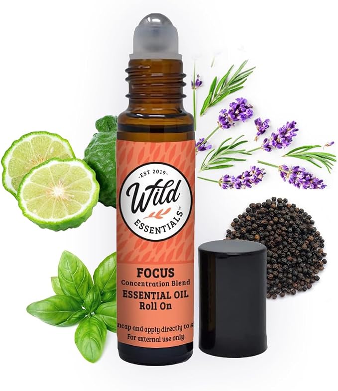 Wild Essentials Focus Essential Oil Roll On, 10ml for Concentration, Clarity, Study, Work, 100% Pure, Premium Grade Essential Oils and Organic Jojoba Oil, Ready to Use, Moisturizer, All Natural