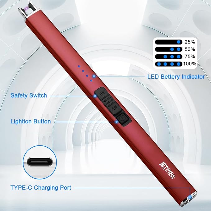Electric Arc Windproof Lighter Flameless USB Rechargeable Lighter with Safety Lock for Candle BBQ Camping (Red)