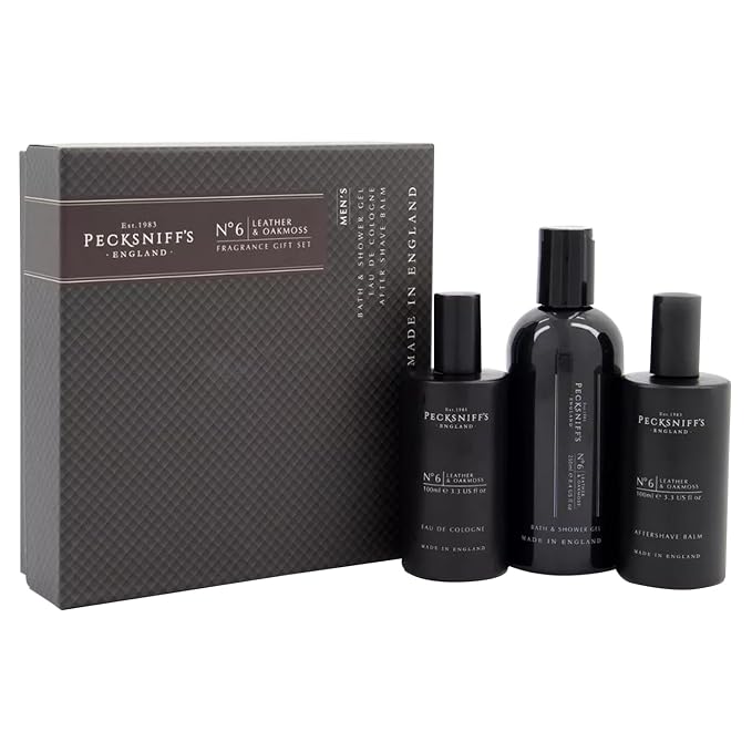 Pecksniff's Fragrance Gift Sets Luxurious, Handcrafted in England (Men's Leather & Oakmoss: Eau de Cologne, 3-in-1 Bath & Shower Gel, After Shave Balm)