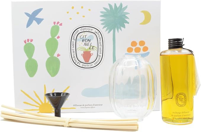 Diptyque Citronelle (Lemongrass) Reed Diffuser Gift Set:: Glass Vessel, Six Rattan Reeds, Diffuser Oil 6.8 oz