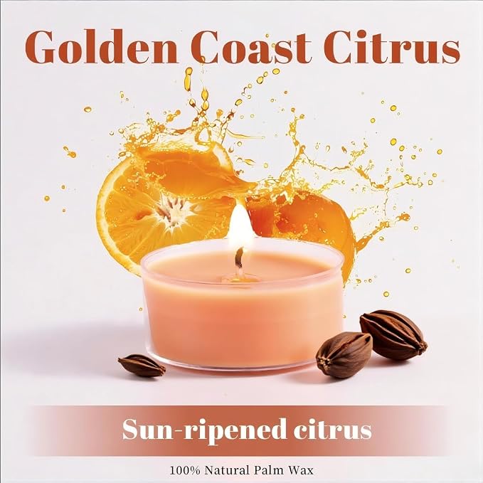 DEVI Golden Coast Citrus Highly Scented Tea Lights Candles 12 Pack, 3.5-4 Hours Natural Palm Tea Lights for Home Scented, Scented Small Votives with Essential Oils for Aromatherapy, Fall Decorations