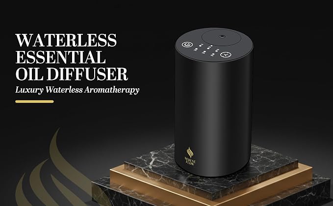 Waterless Essential Oil Diffuser, battery-operated cordless aromatherapy diffuser with timer & 3 mist levels. For car, home, office, yoga studio, nursery, bedrooms, and pet areas. Black aluminum alloy