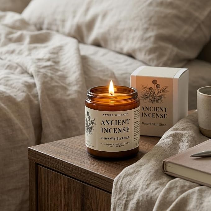 Nature Skin Shop Ancient Incense Artisan Soy Candle Frankincense and Myrrh Aromatherapy Home Fragrance Vegan Cotton Wick 8 oz