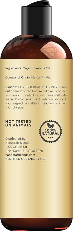 Handcraft Blends Organic Sesame Oil - 8 Fl Oz - 100% Pure and Natural - Premium Grade Carrier Oil for Skin and Hair - Hair and Body - Massage - Expeller-Pressed and Hexane-Free