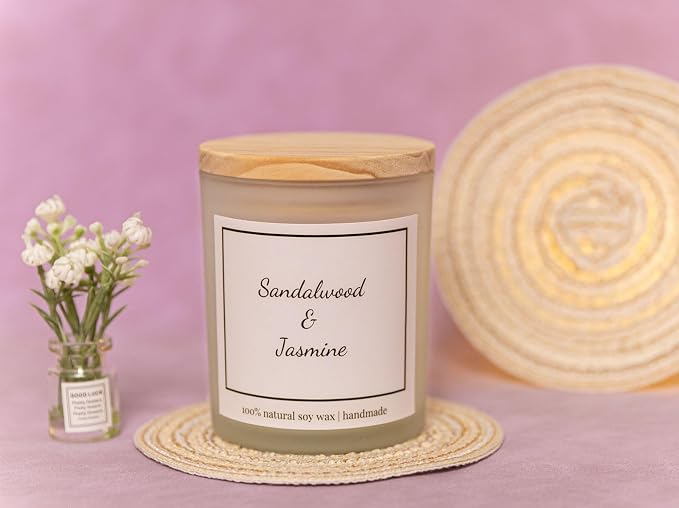Natural Sandalwood & Jasmine Candle, Luxury Scented Soy Jar Candle, Home Fragrance Gifts, Aromatherapy Gifts, Natural Soy Wax & Natural Essential Oils