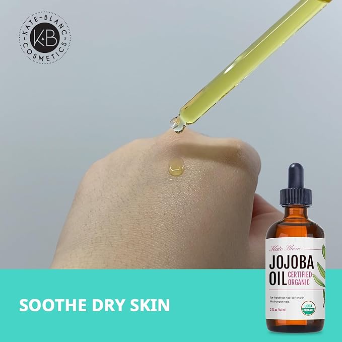 Kate Blanc Cosmetics Organic Jojoba Oil for Hair, Skin, Face, Nails (2oz) - USDA Certified, 100% Pure Cold Pressed Unrefined - Moisturizing Carrier Oil for Gua Sha, Dermaplaning, Body - Glass Bottle