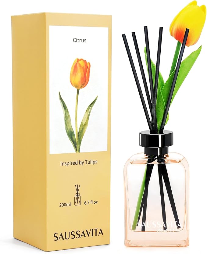 Reed Diffuser Set with Tulip Flowers Vintage Rectangular Bottle Citrus Scent, Reed Diffusers 6.76 fl oz for 120 Days Narrow Spaces, Flower Reed Diffuser Long Lasting for Bathroom, Office, Shelf Decor