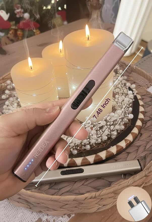 REIDEA Electric Lighter, R1 Pro Windproof Flameless USB Rechargeable Arc with Safe Button and Power Indicator for Candle, BBQ and Fireworks, Rose Gold