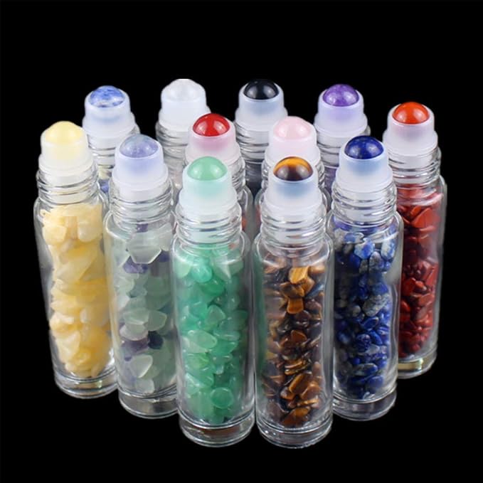 5 Pack 10ml Clear Roll On Bottles With Natural Chakra Crystal Chips for Essential Oils,Perfume Glass Roller Bottles Container Bamboo Lid,Crystal Roller,Pipette&Opener Included (Amethyst)