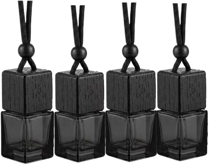 4Pcs Hanging Car Air Freshener Empty Diffuser Bottles, Black Glass Essential Oil Perfume Pendant for Auto Home Office Decoration