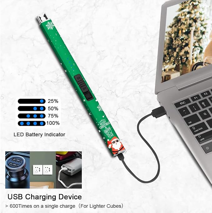 SUPRUS Electric Lighter Arc Windproof Flameless USB Rechargeable Lighter with Safety Lock for Candle BBQ Camping (Christmas Green)