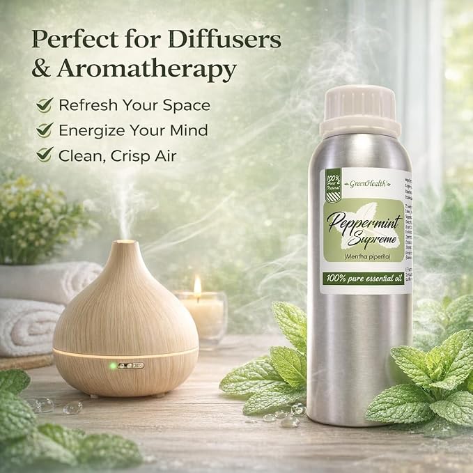 Peppermint Essential Oil – 100% Pure Mentha Piperita – GreenHealth – 8 fl oz (237 ml) Aluminum Bottle with Plug Cap – Aromatherapy, Diffusers, DIY, Candles, Fresh Home Scent