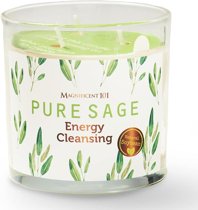 Magnificent 101 Pure Sage Energy Cleansing Aromatherapy Glass Candle for Meditation, Manifestation, and Intention-Setting - 14.5 oz Natural Soy Wax and Essential Oil | 56-Hour Burn Time