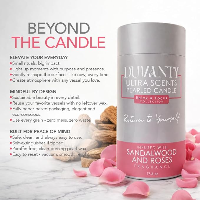 Relax & Focus Pearled Candle Sand with Wicks – Sandalwood & Roses Scented Candle for Elegant Home Ambiance, Decorative Wax Beads & Cozy Evening Rituals, 17.6 oz