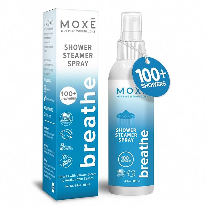 MOXE Breathe Shower Mist, Eucalyptus and Peppermint, Spa Steam Spray, Certified Natural 100% Essential Oils, Made in USA, Aromatherapy, Sinus Congestion Relief, Tension Relief, 4 Ounces (1 Pack)