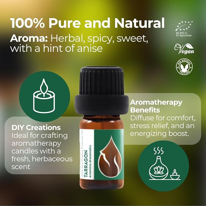 Essences Bulgaria Organic Tarragon Essential Oil 1/6 Fl Oz | 5ml | Artemisia dracunculus | 100% Pure and Natural | Undiluted | Therapeutic Grade | Family Owned Farm | Steam-Distilled | Non-GMO | Vegan